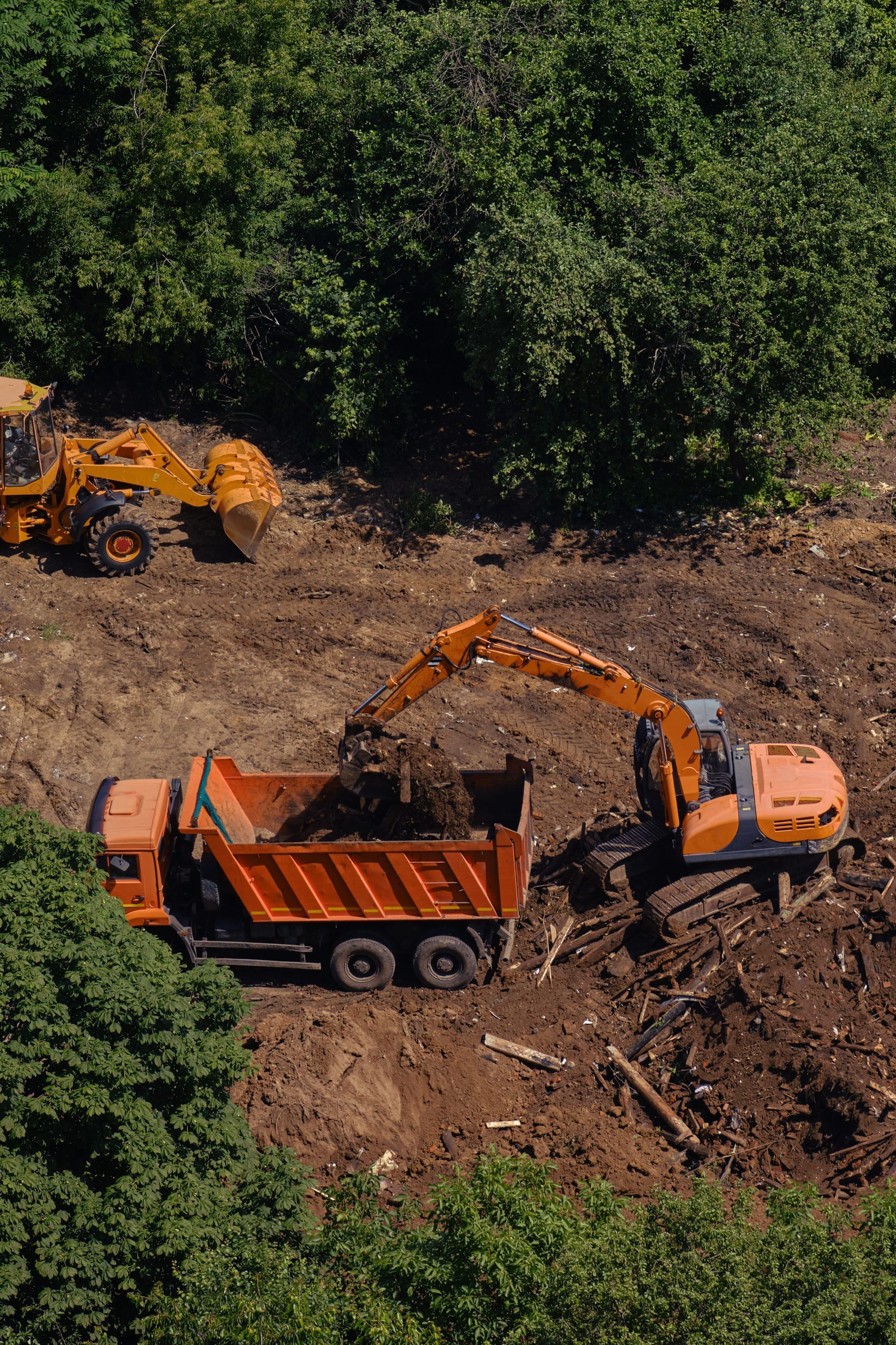 Excavator loading dirt into an orange dump truck on a hillside with forest in the background.