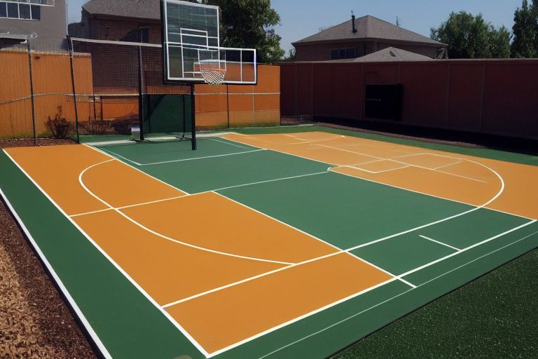 A green and orange basketball court with a basketball hoop