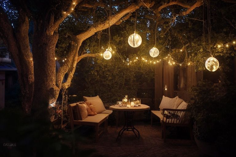 A patio with a table and chairs under a tree at night.
