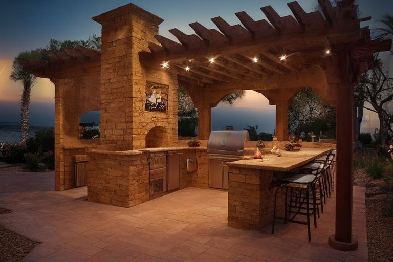 An outdoor kitchen with a pergola and a grill