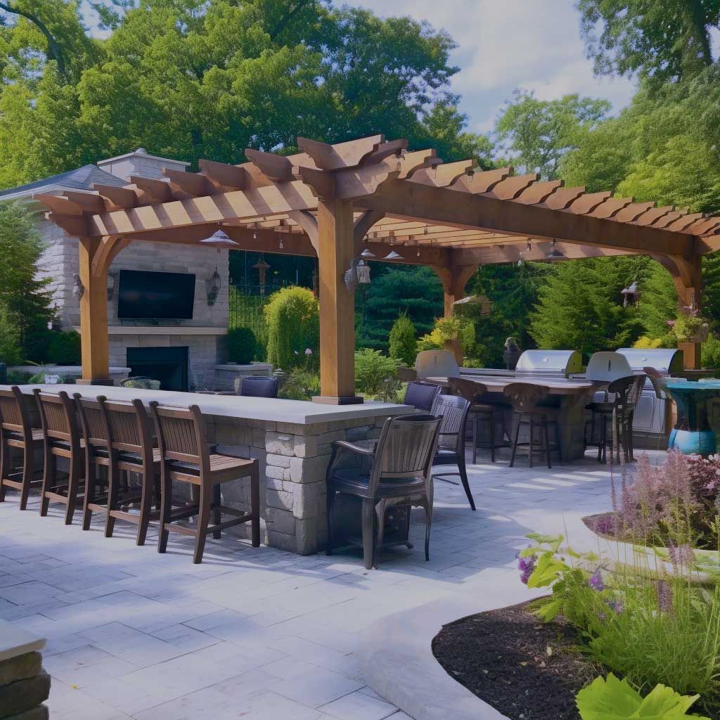 Outdoor Entertainment: Designing the Perfect Space for Family Fun and Social Gatherings A patio with a wooden pergola over a table and chairs