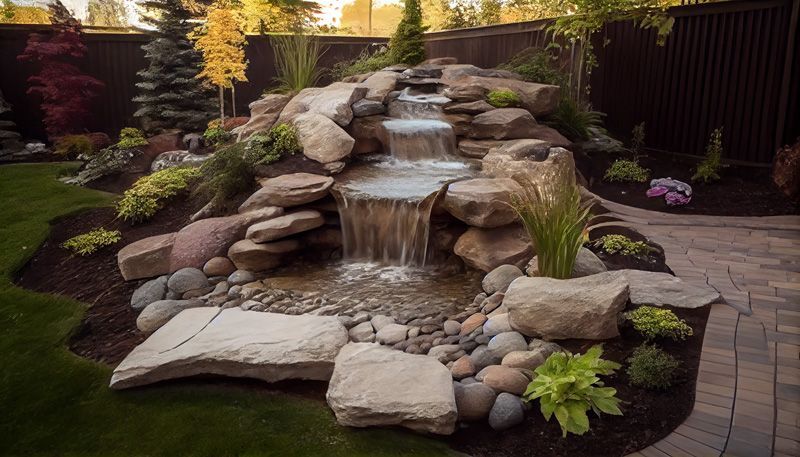 A waterfall is surrounded by rocks and plants in a backyard.