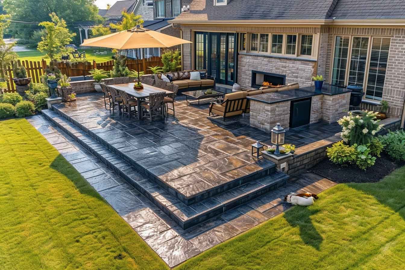 A large patio with a table and chairs and an umbrella in front of a house.