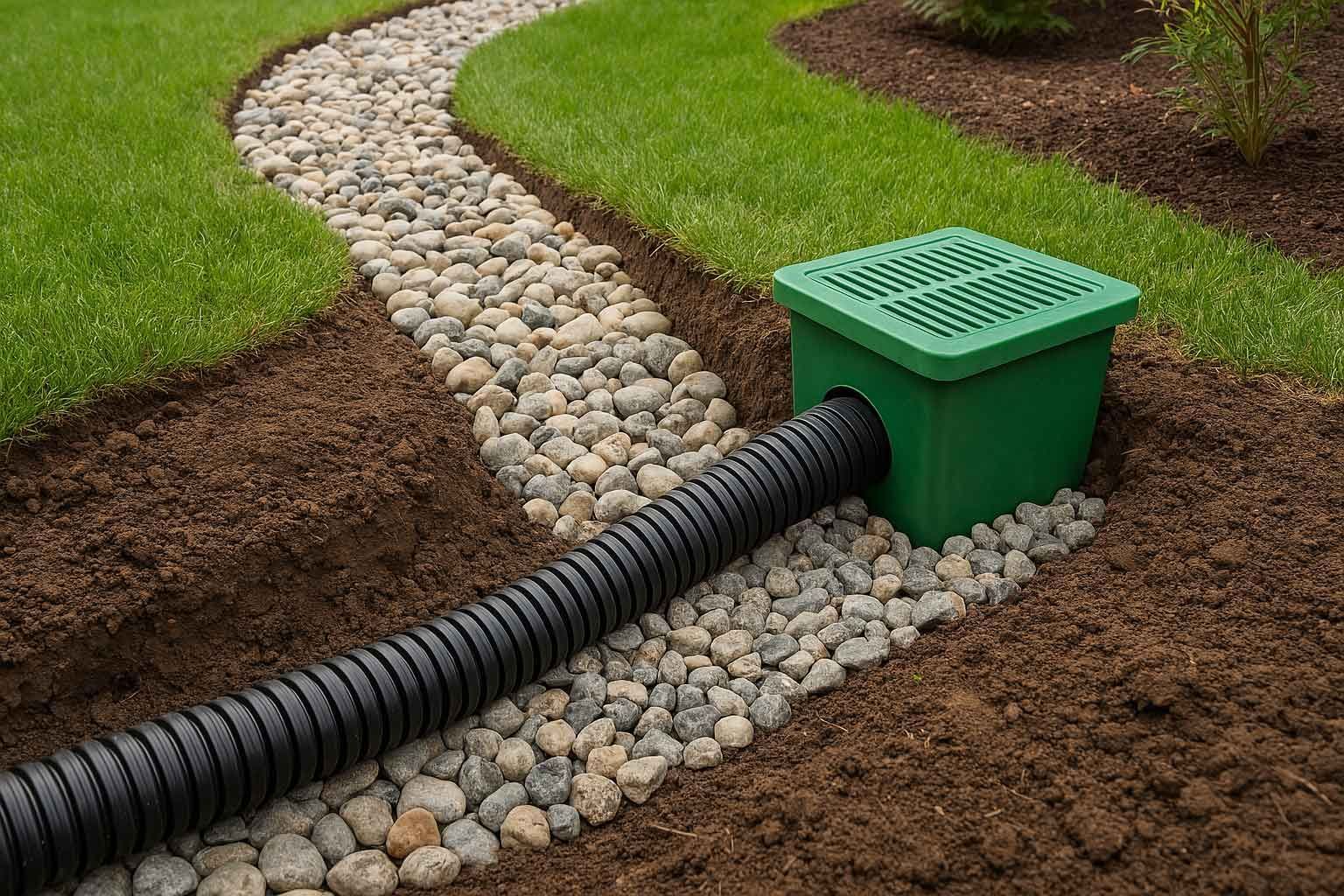 Drainage System FAQ for KC Homeowners: Top 10 Questions Answered A drainage system is being installed in a yard with a green box and a black pipe.