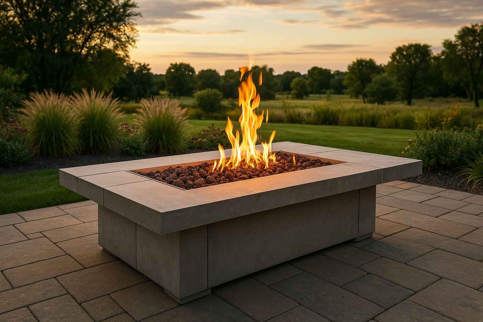 A fire pit is sitting on a patio next to a field.