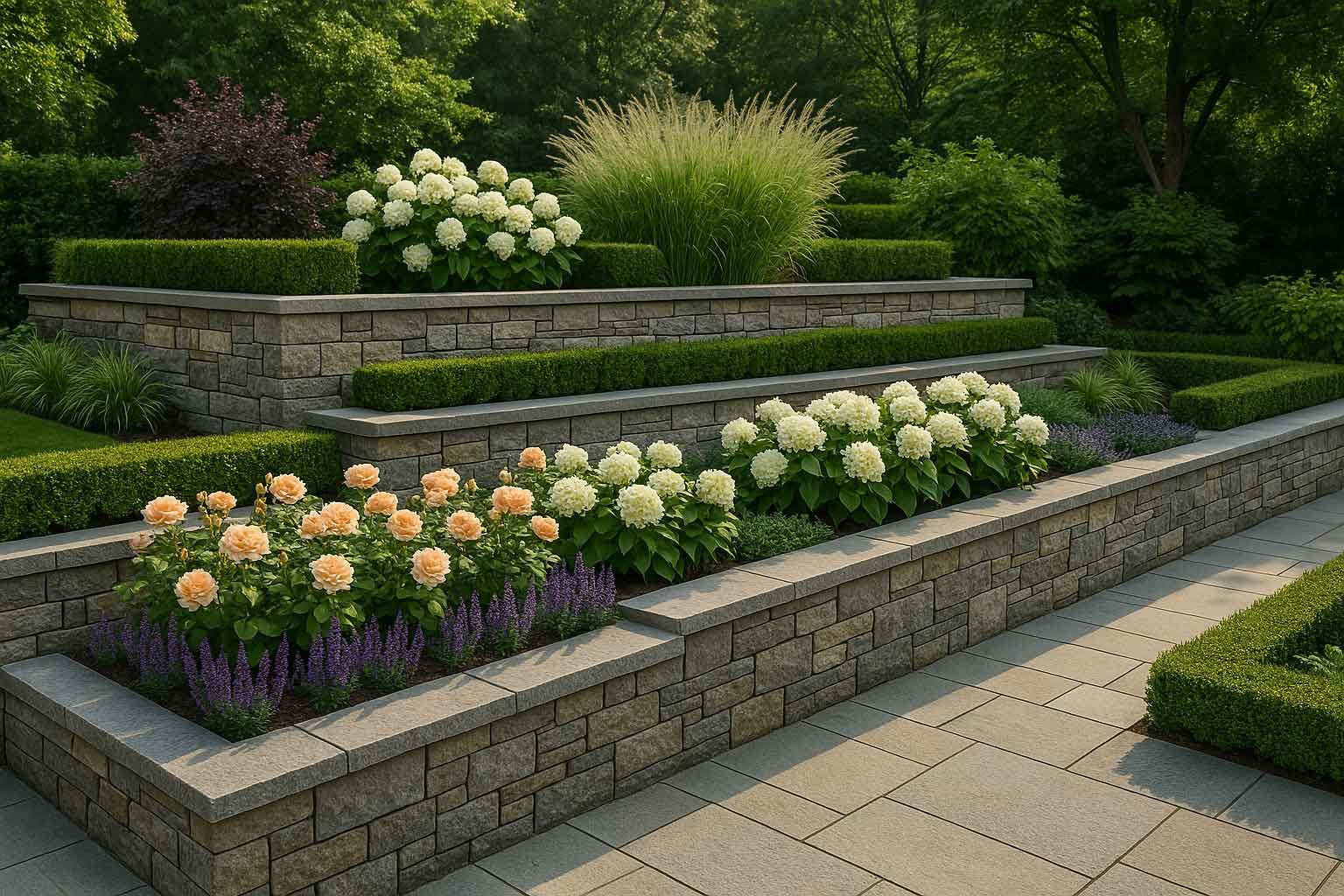 A stone wall surrounded by flowers and bushes in a garden.