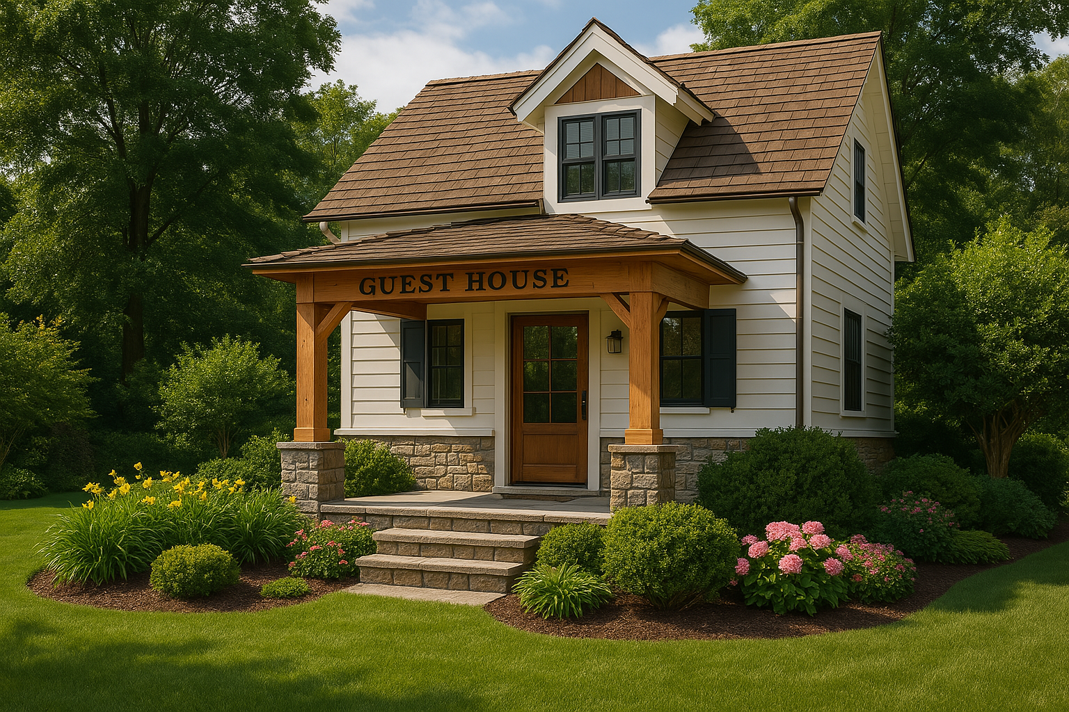 A small white guest house with a brown roof