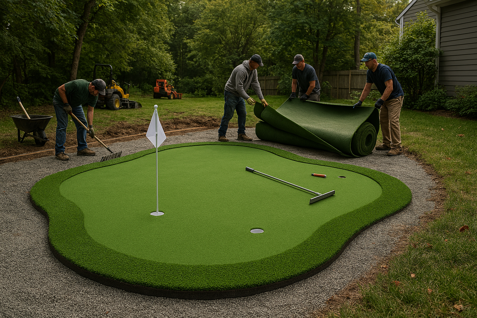 A group of men are working on a putting green in a backyard.
