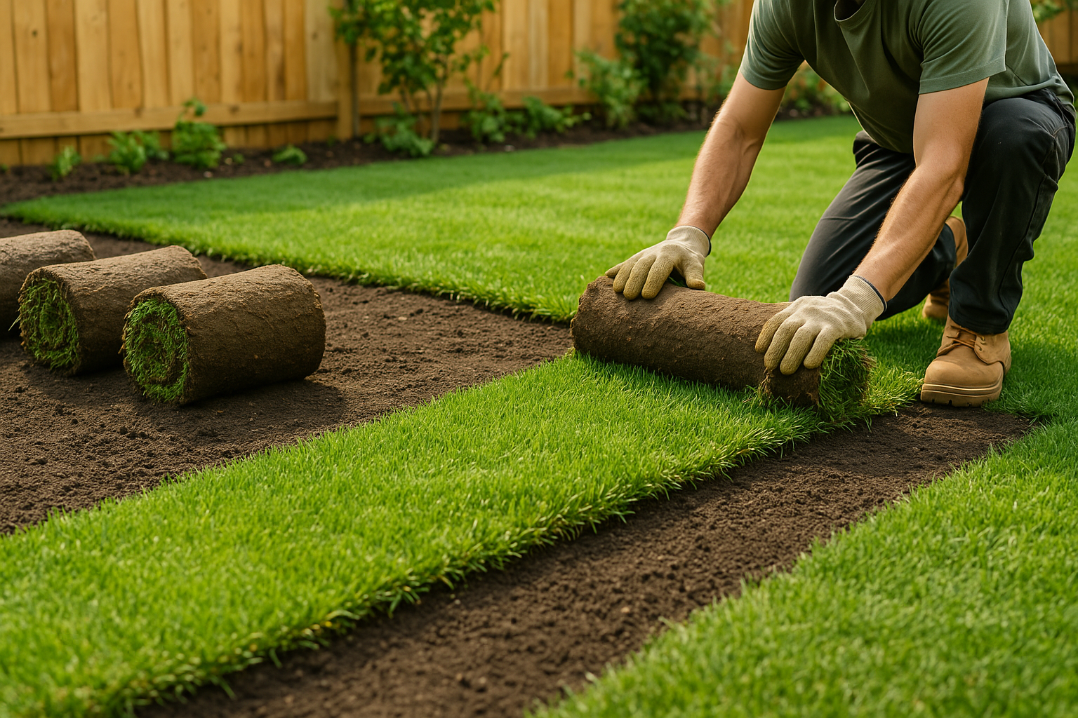 A man is rolling up rolls of turf in a backyard.