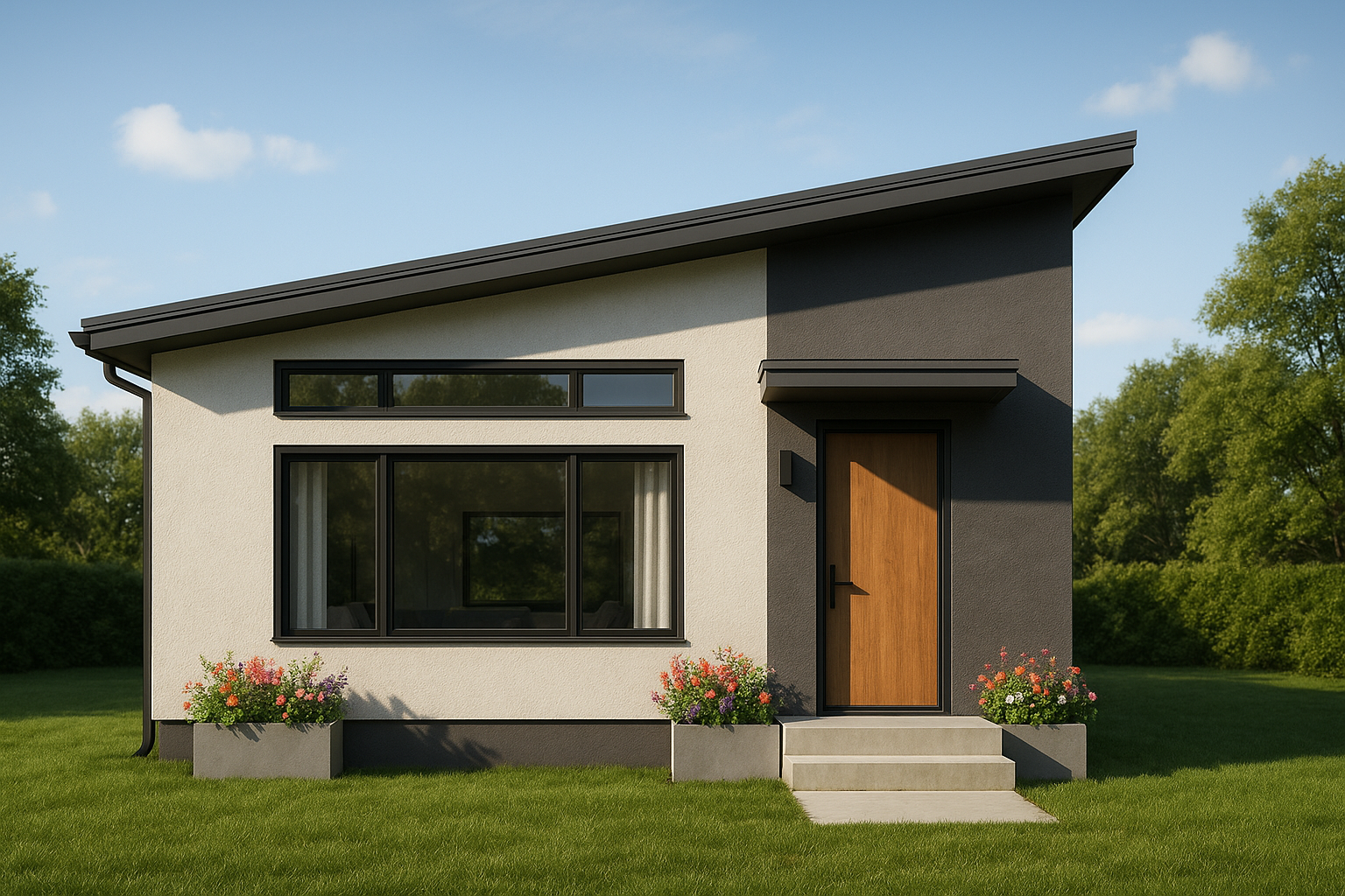 Tiny House FAQ for KC Homeowners: Top 10 Buyer Questions Answered A small house with a slanted roof is sitting in the middle of a lush green field.