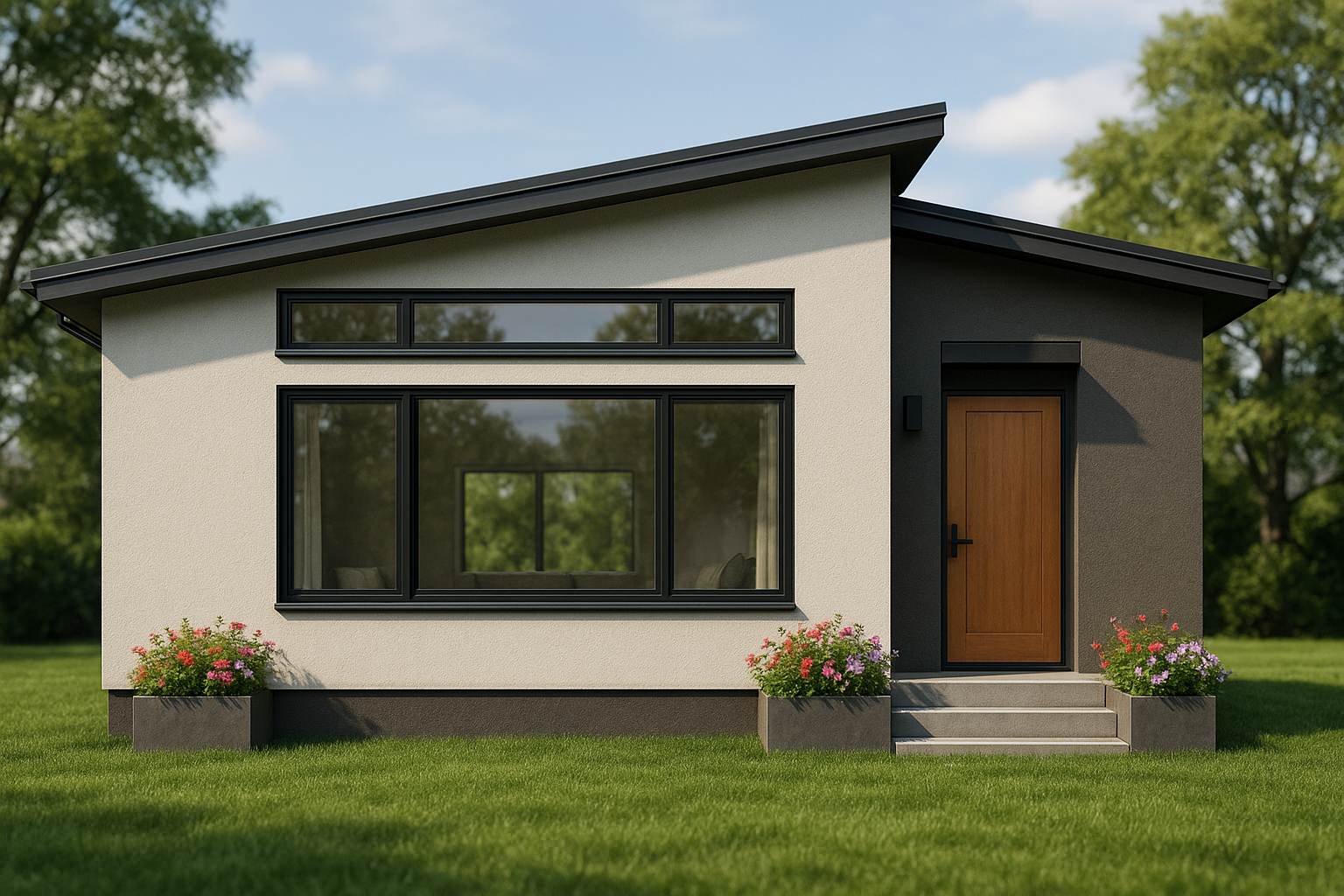 A small house with a wooden door and windows is sitting on top of a lush green field.