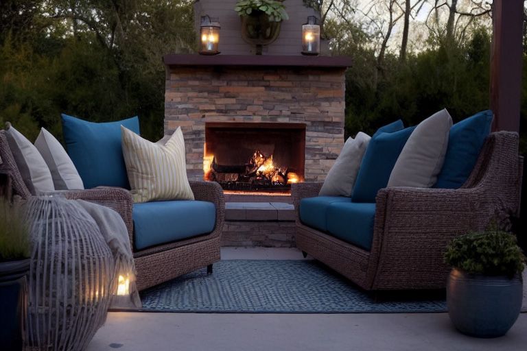 A patio with a fireplace and two chairs