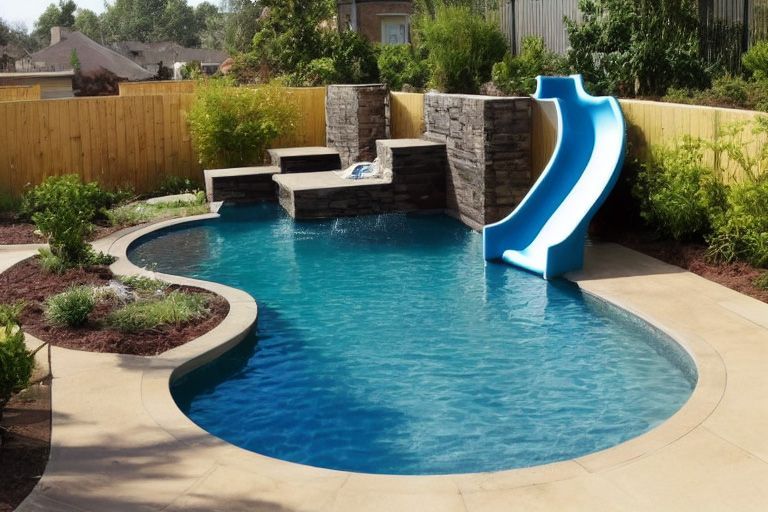 A swimming pool with a blue slide in the backyard