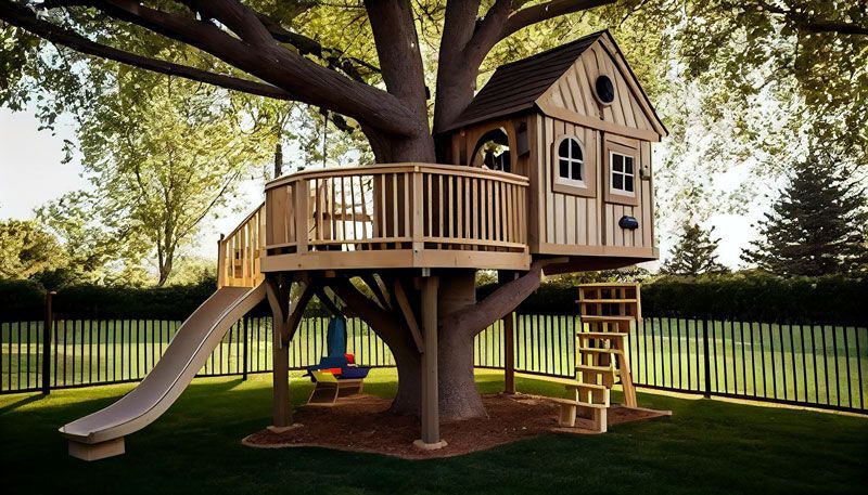 A tree house with a slide attached to it