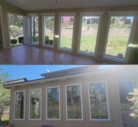 Four-Season Room A before and after picture of a house with lots of windows