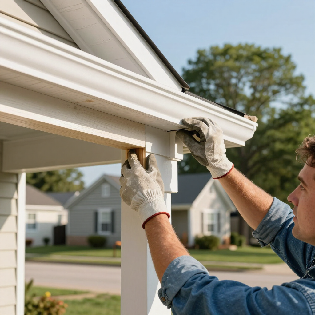 Worker repairing white house gutter under roof eaves with gloves on outdoors
