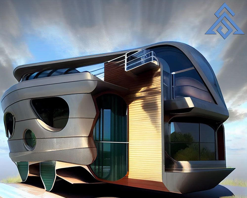 A drawing of a futuristic house with the letter f on it