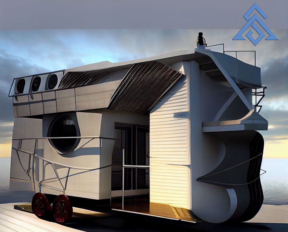 A 3d rendering of a house on wheels