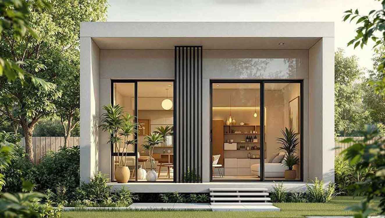 A small white house with a lot of windows is surrounded by trees.