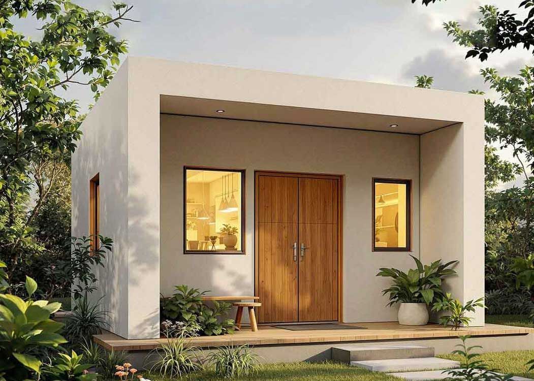 A small white house with a wooden door and windows is surrounded by trees.