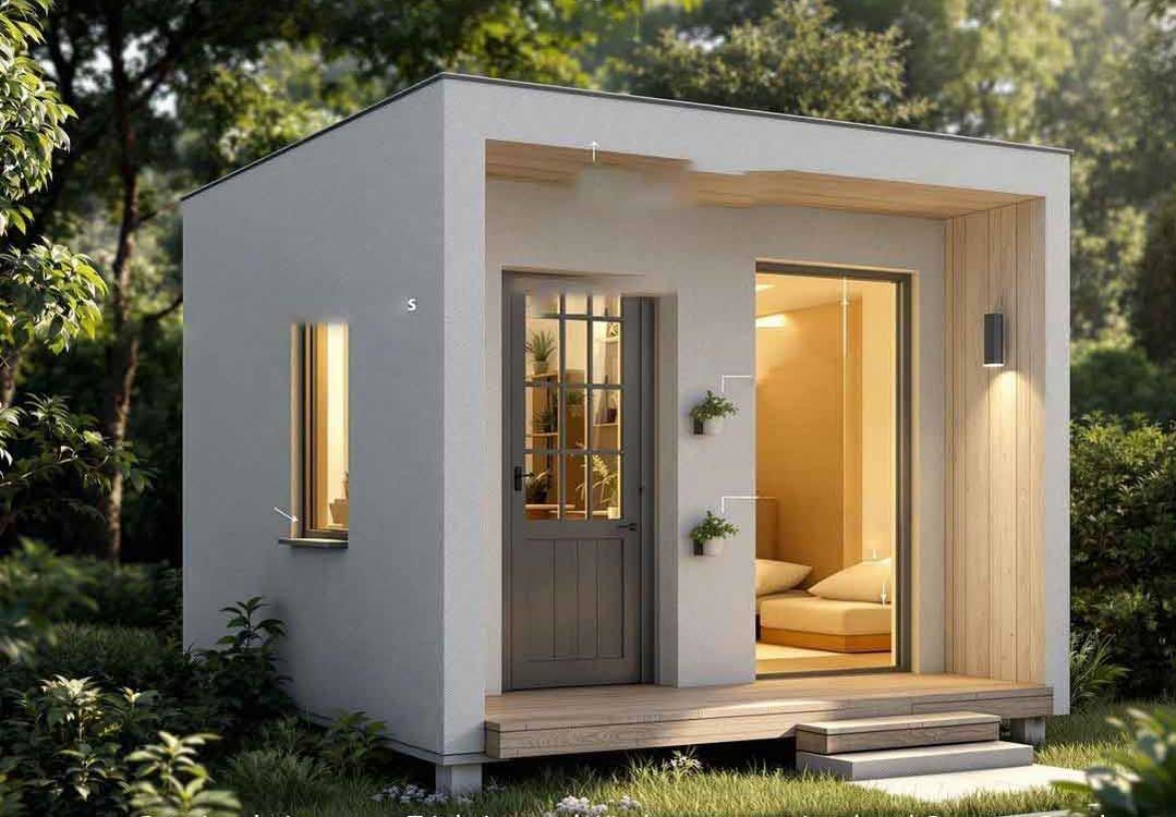 A small white house with a bed in it is surrounded by trees.