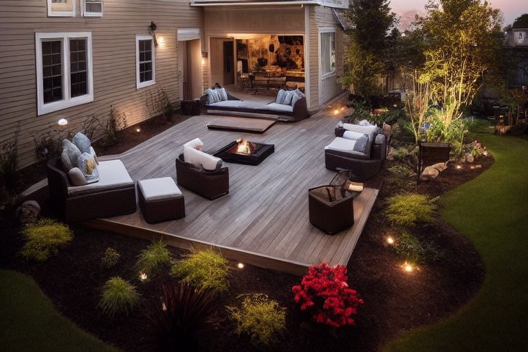 An aerial view of a patio with furniture and a fire pit.