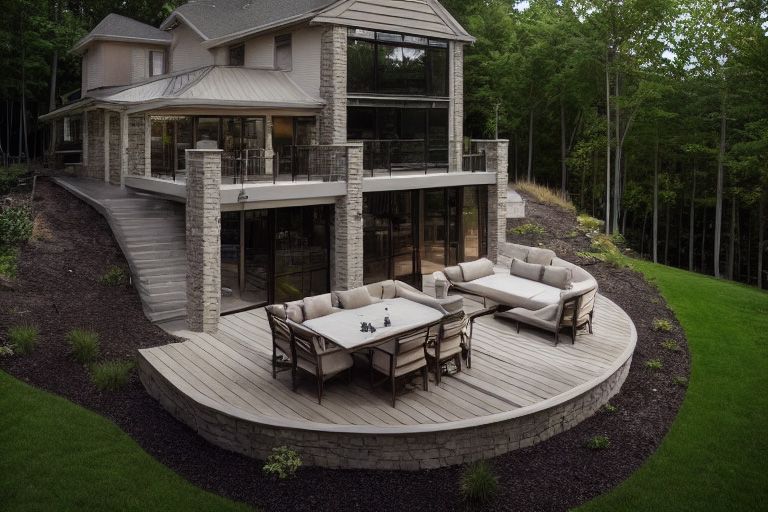 An aerial view of a house with a circular deck surrounded by trees.