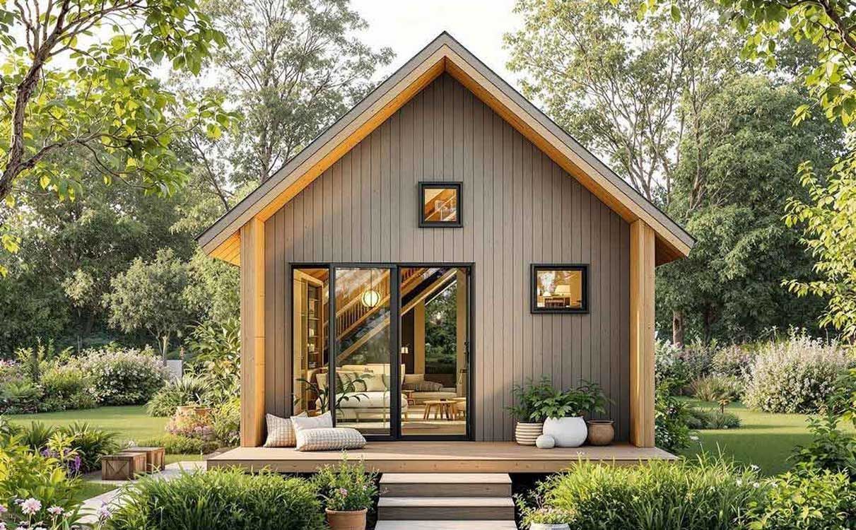 A small house with a lot of windows is surrounded by trees.