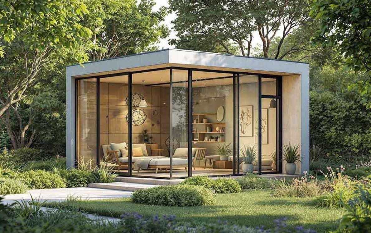 A modern house with a lot of windows and trees in the background.