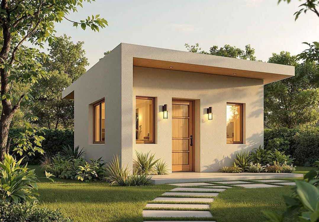 A small white house with a wooden door and windows is surrounded by trees and grass.