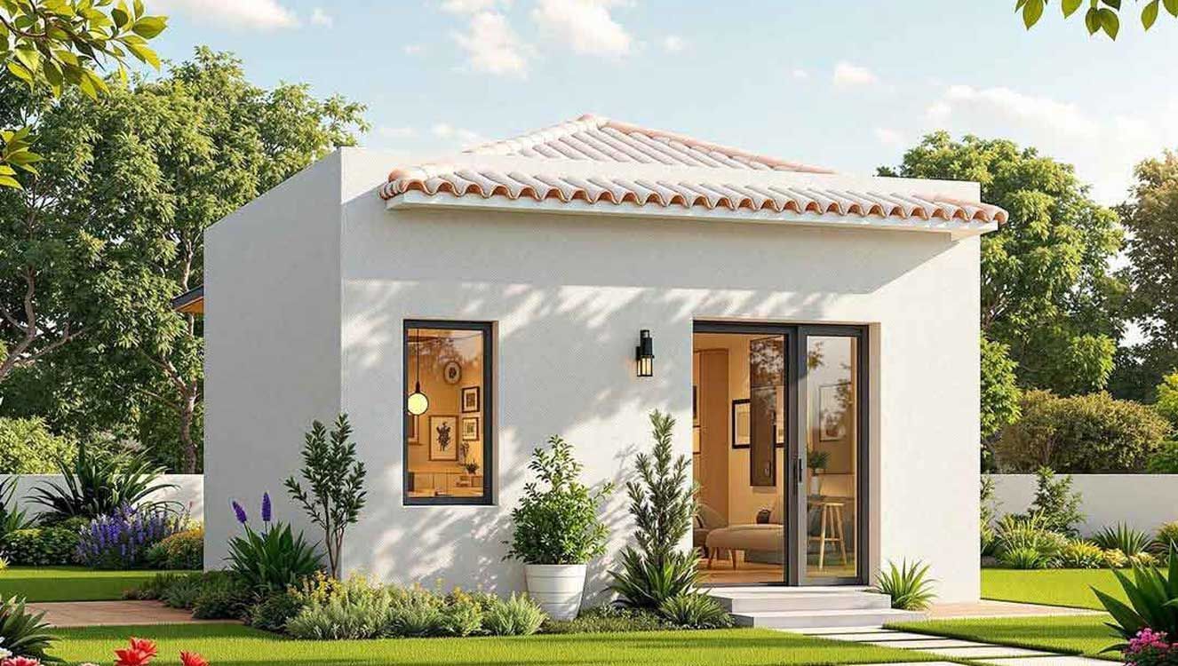 A small white house with a tile roof is sitting on top of a lush green lawn.