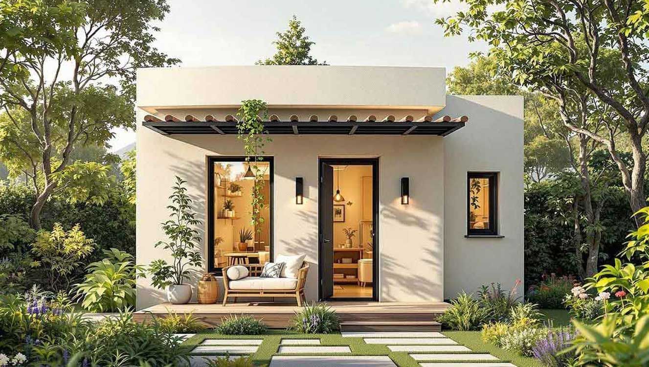 A small white house with a patio in front of it surrounded by trees.
