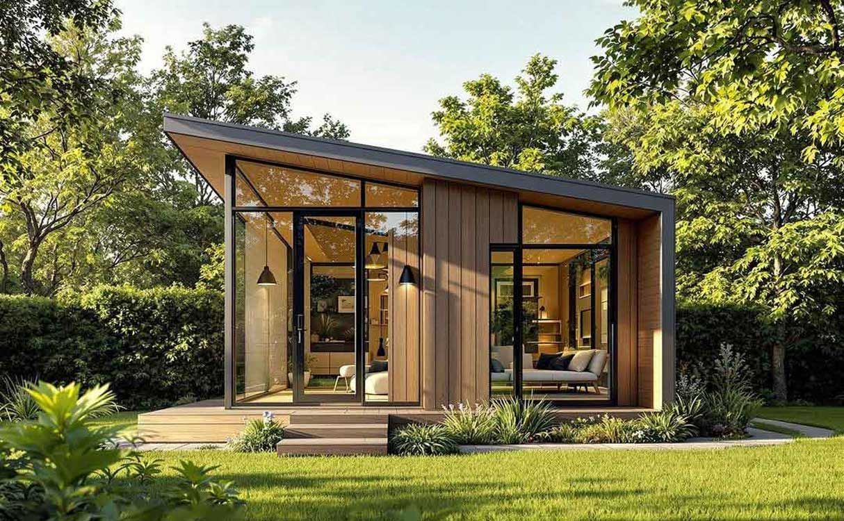 A small house with a lot of windows is sitting on top of a lush green lawn.