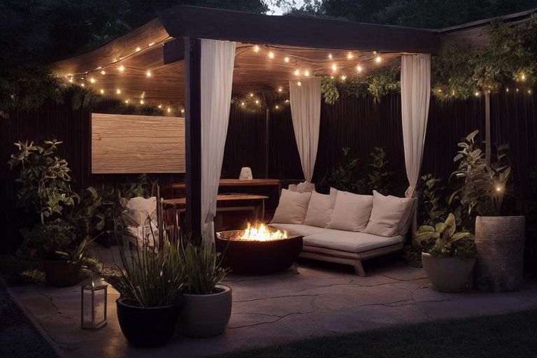 A patio with a fire pit and a couch under a pergola at night.