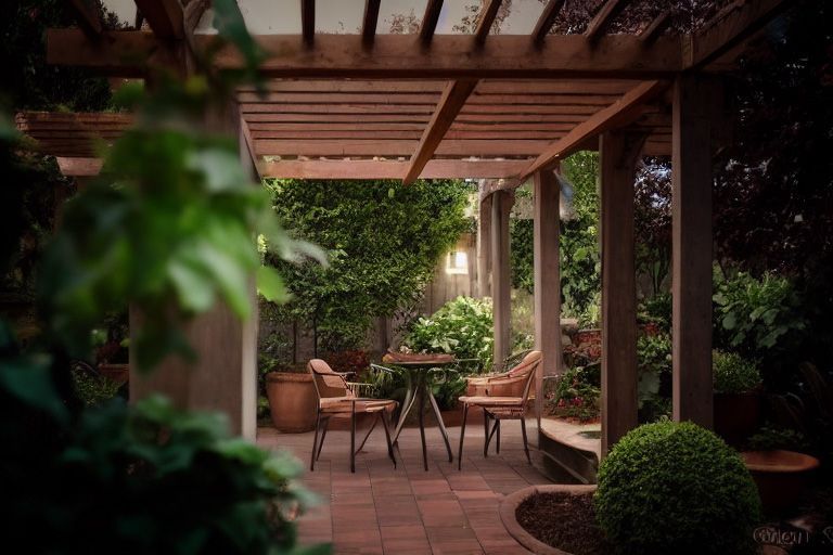 A patio with a table and chairs under a pergola