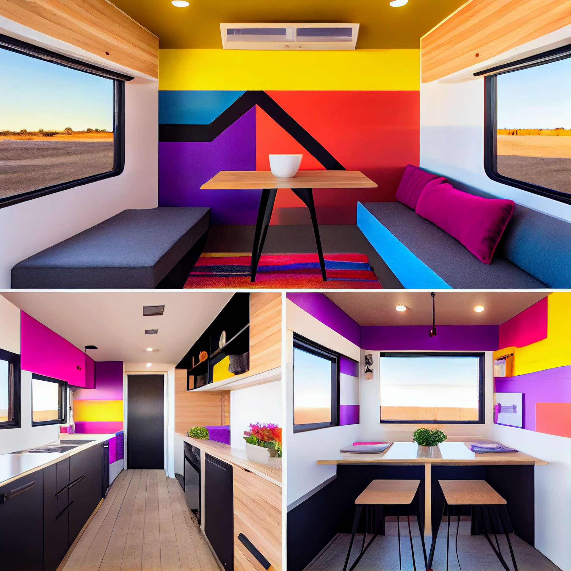 A colorful room with a couch and a table