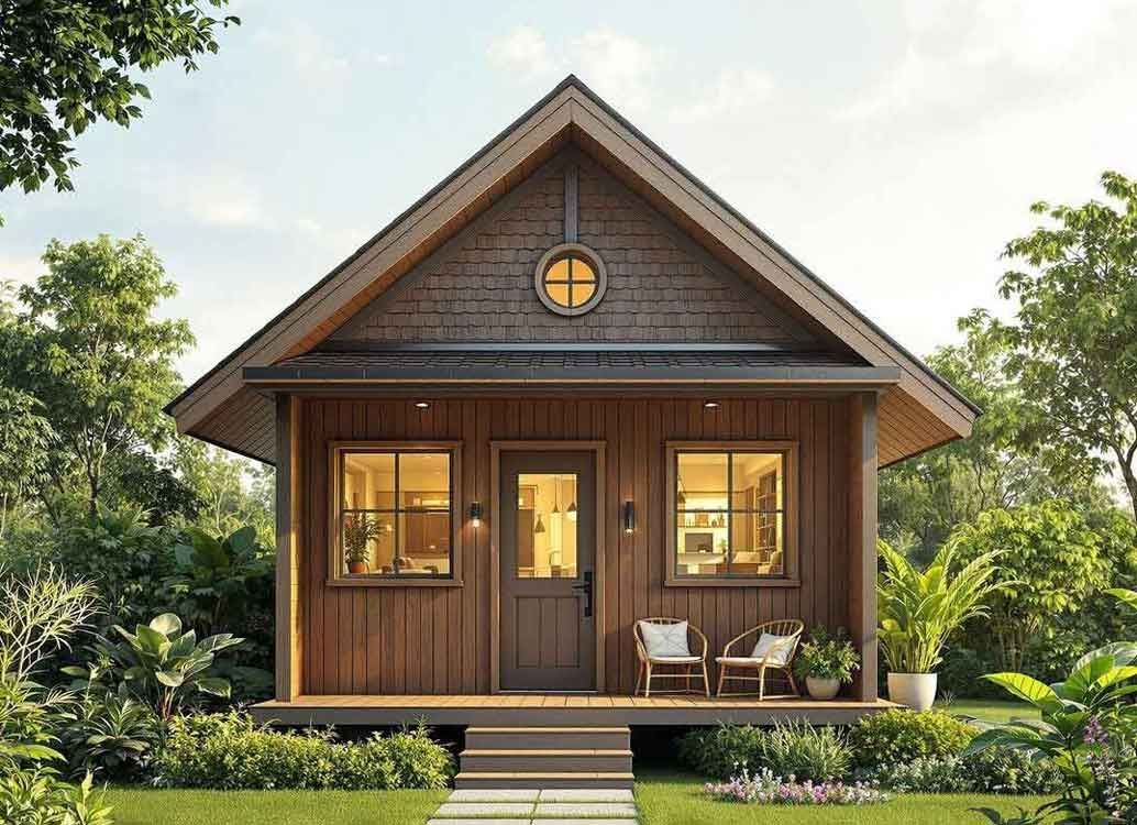 A small wooden house with a porch and chairs in front of it.