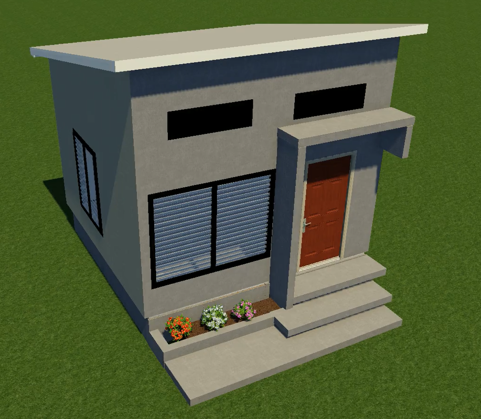 A 3d model of a small house with a red door