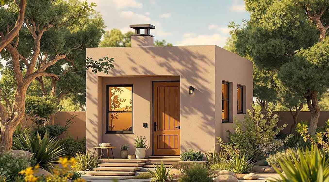 A small house with a wooden door and chimney is surrounded by trees and bushes.