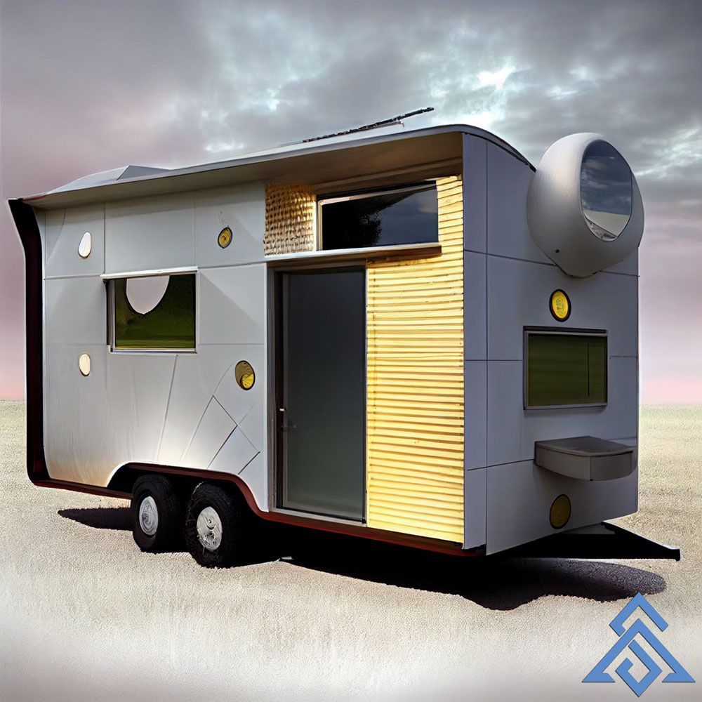 A white trailer with a yellow door and windows