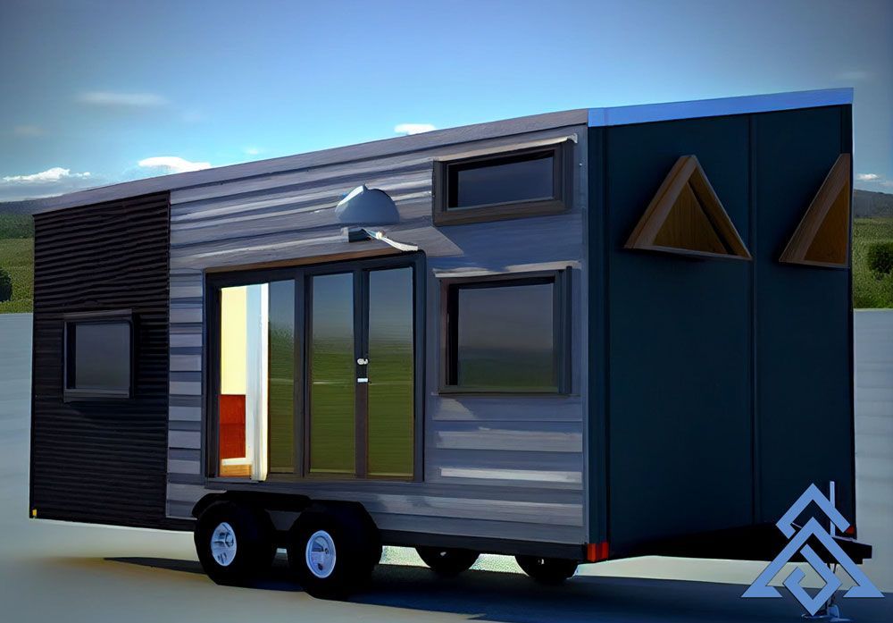 A tiny house on wheels is parked on the side of the road.