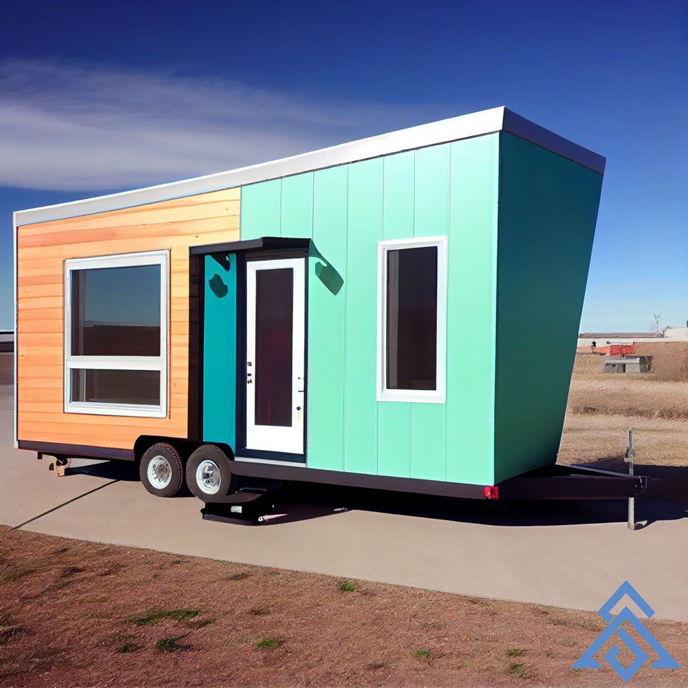 A tiny house on wheels with a blue door