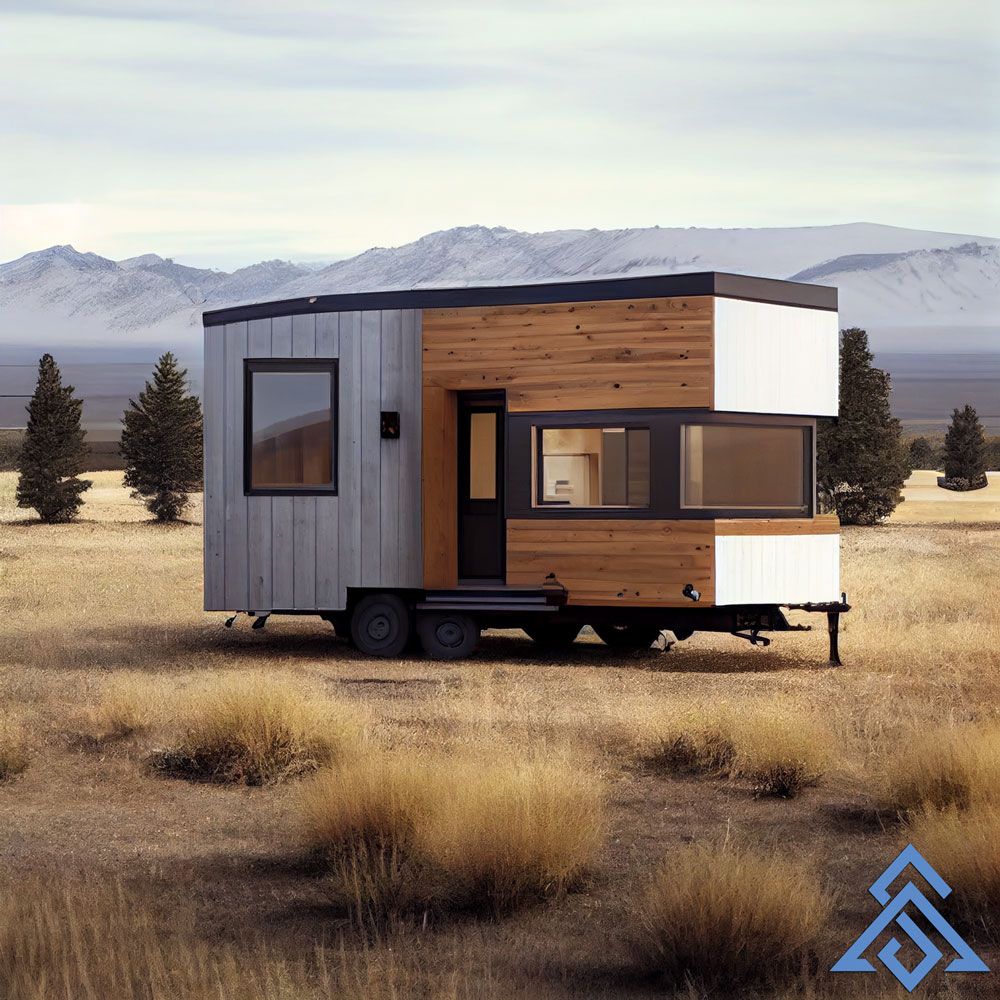 A small house on wheels is parked in a field with mountains in the background.