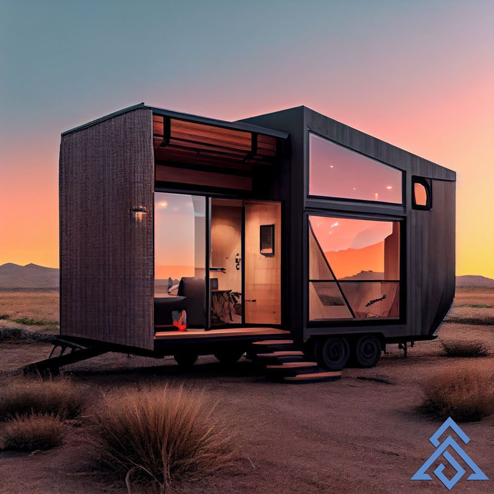 A tiny house is parked in the middle of a desert.