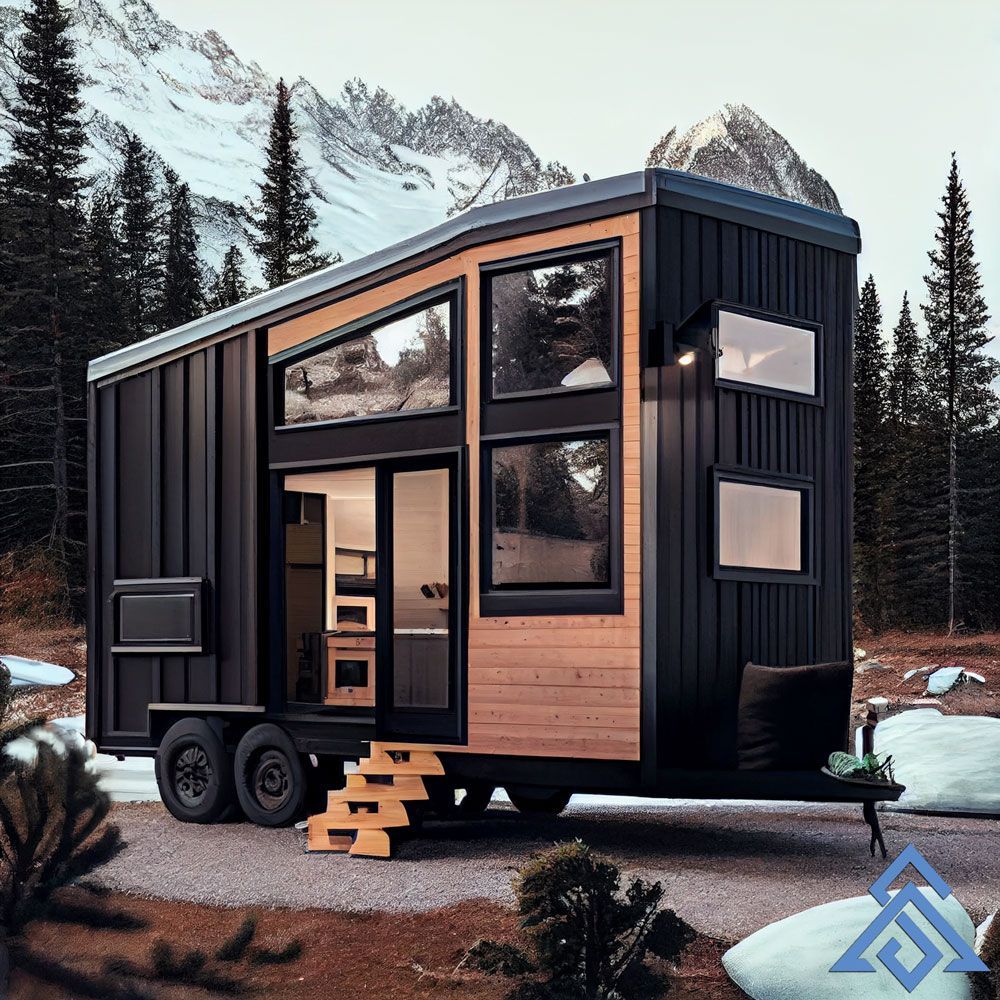 A tiny house on wheels with a mountain in the background