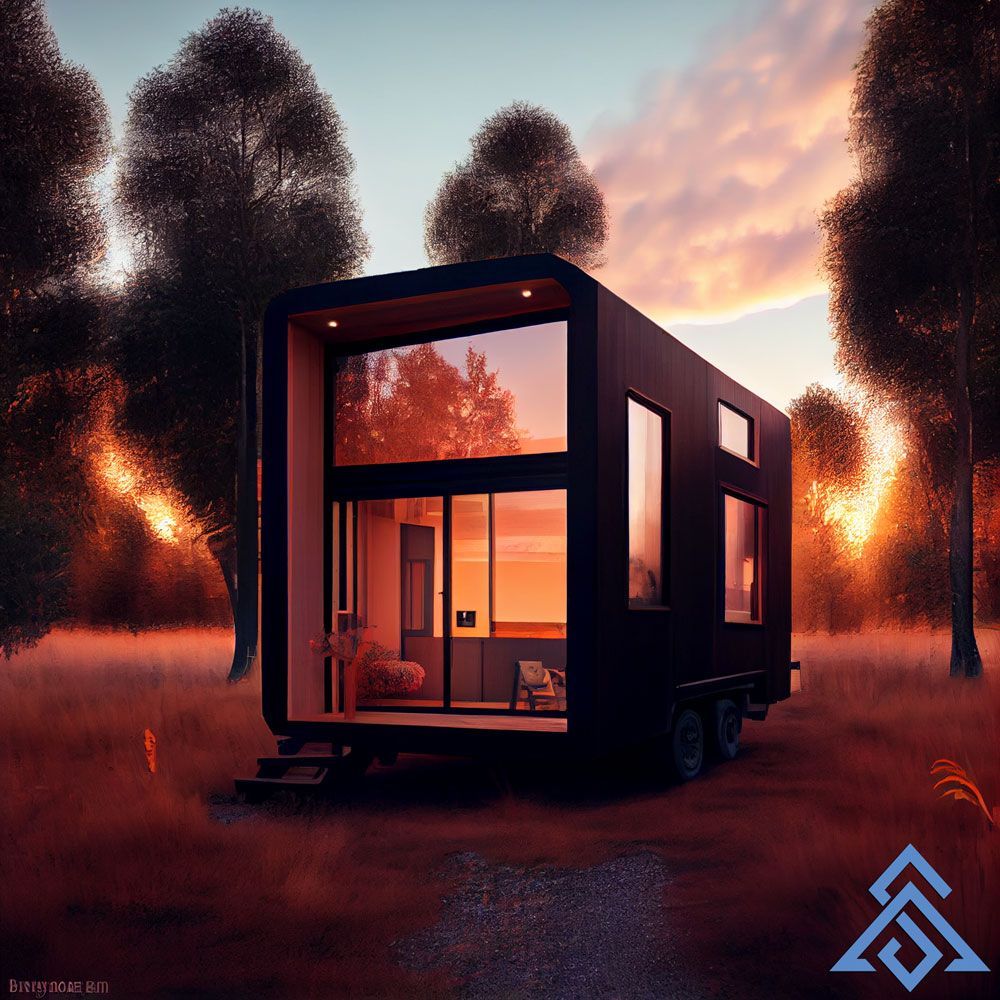 A tiny house on wheels in the middle of a field