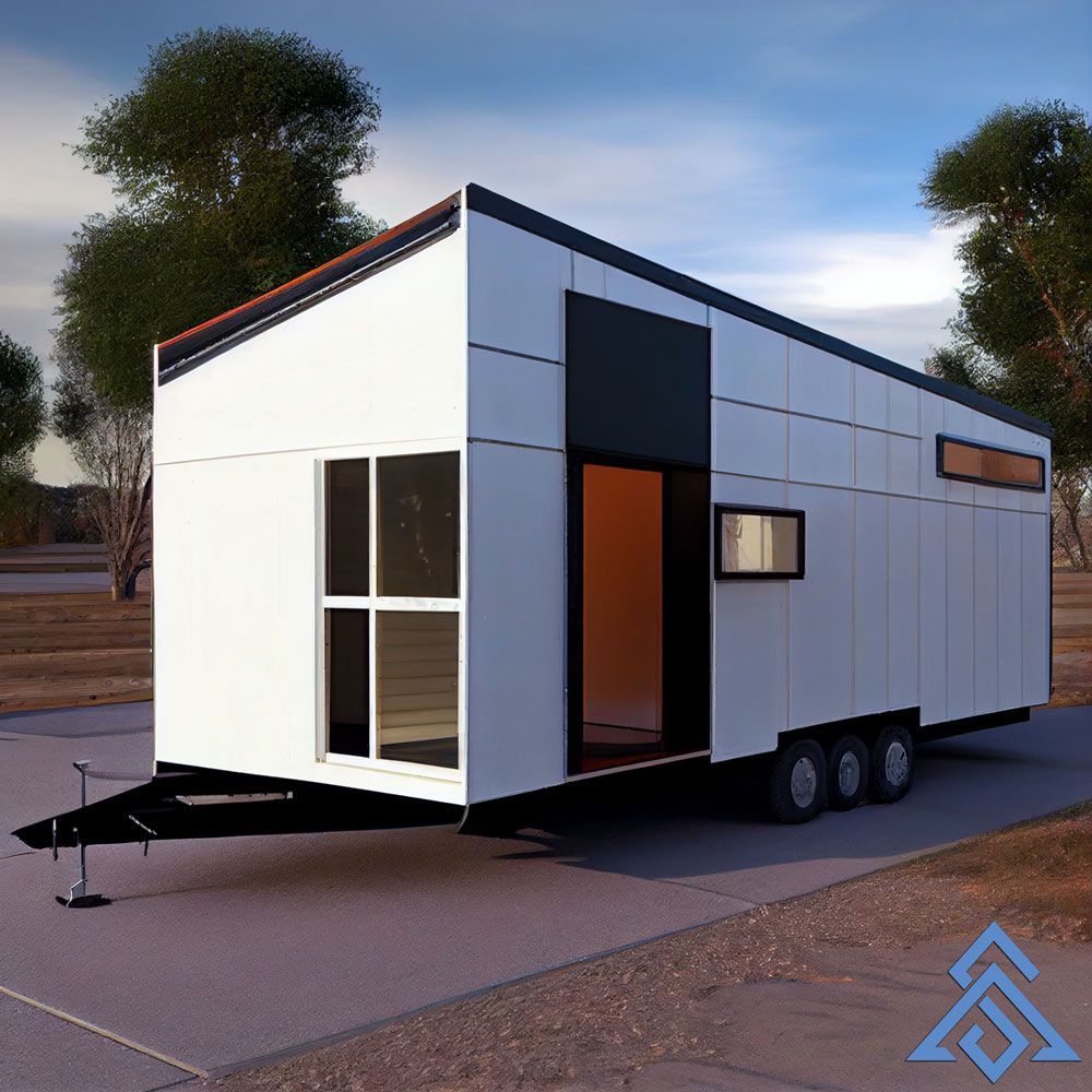 A tiny house on wheels is parked on the side of the road