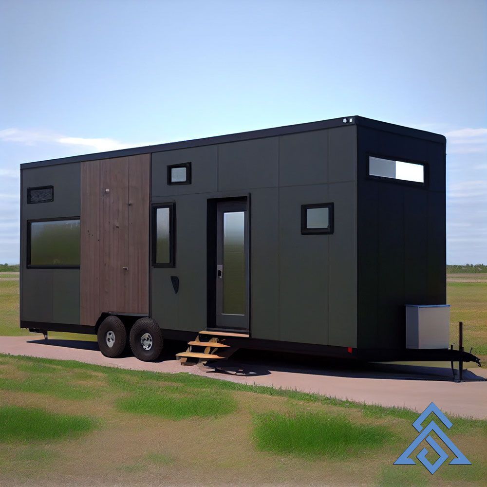 A tiny house on wheels is parked on the side of a road.