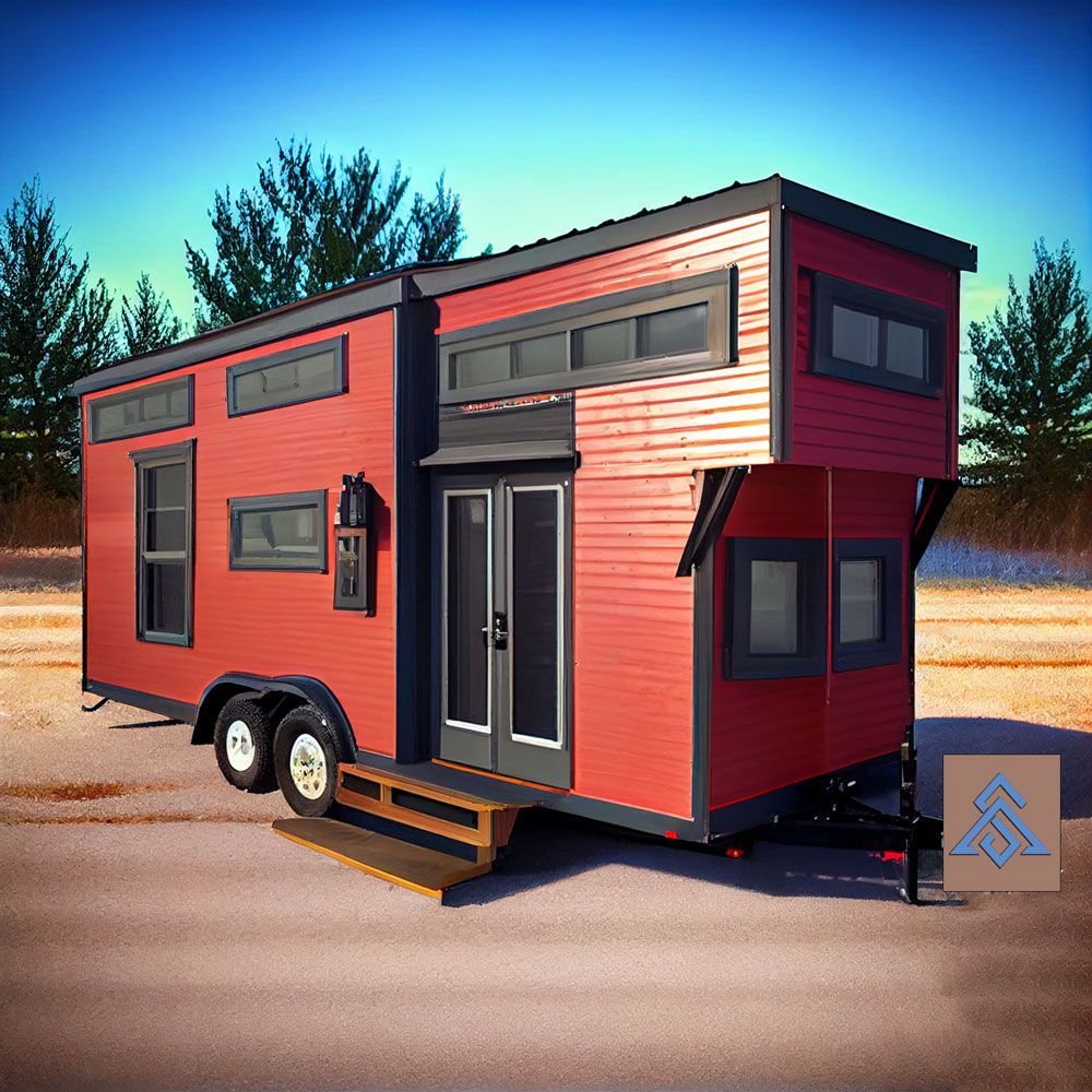 A red tiny house is parked on the side of the road