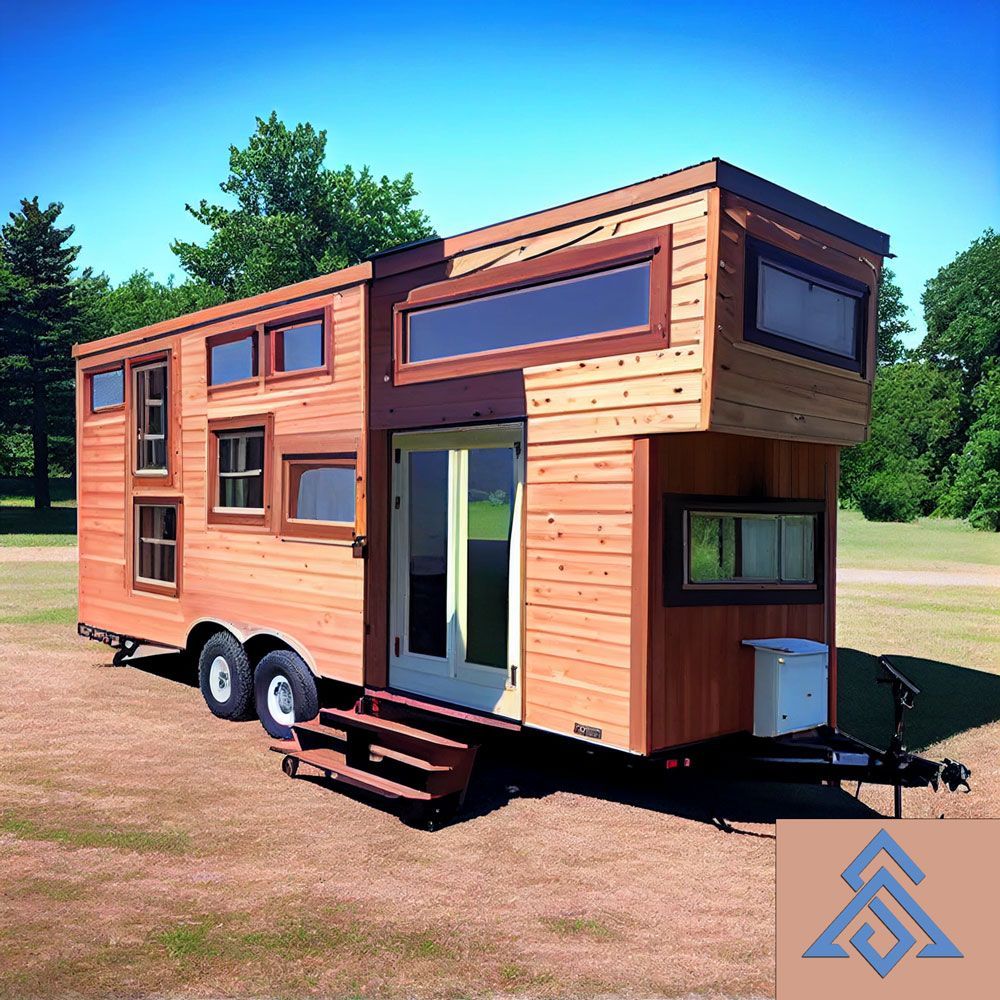 A tiny house on wheels is parked in a field